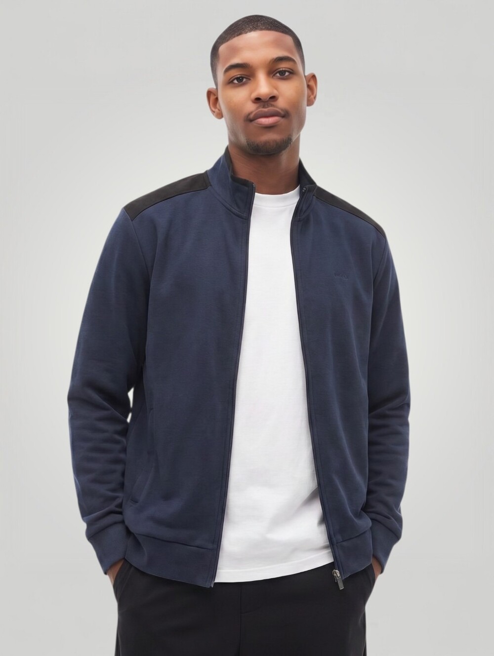 Calvin Klein Men's Full-Zip Mock Neck‎ Jacket Navy Black Shoulder Panel XL